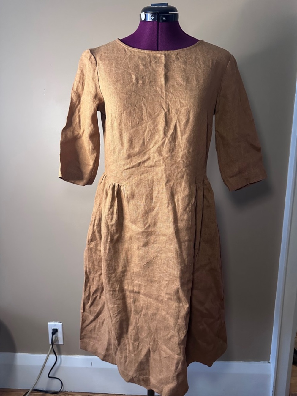 Magic Linen Tan/Brown Fit & Flare Midi Dress with Pockets, Lightweight, Flowy